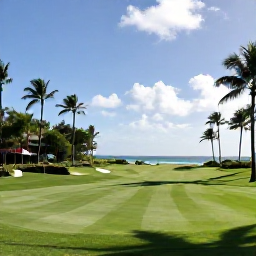 Caribbean Holidays, October Golf Holidays, A sunny Barbados golf course with palm trees, green fairways and the Caribbean Sea in the distance