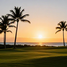 Caribbean Holidays, October Golf Holidays, A tropical Cayman Islands sunset over a golf course with palm silhouettes and a calm Caribbean horizon