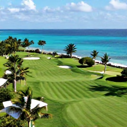 Caribbean Holidays, October Golf Holidays, An aerial view of a championship golf course beside turquoise Caribbean sea and palm trees in Grand Cayman