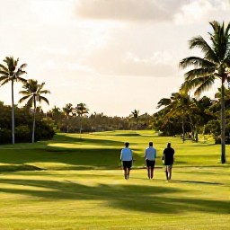Caribbean Holidays, October Golf Holidays, Golfers walking beside palm-lined fairways under soft afternoon light in the Cayman Islands