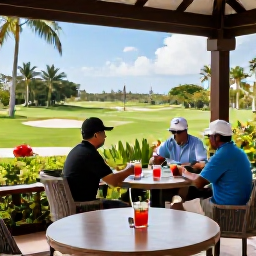 Caribbean Holidays, October Golf Holidays, Relaxed Caribbean clubhouse terrace after golf, with cold drinks, tropical gardens and golfers chatting