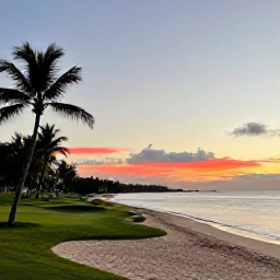 Caribbean Holidays, October Golf Holidays, Tobago beach at sunset after a day of golf, calm sea, soft sand and palm trees