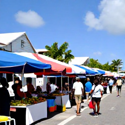 Caribbean Holidays, October Holidays, A colourful open-air market and waterfront street in Marigot, Saint Martin, with local food, fruit and shoppers