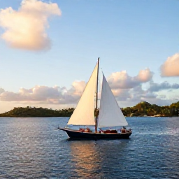 Caribbean Holidays, October Holidays, A small sailing boat cruising beside tropical islands near Saint Martin and Sint Maarten at golden afternoon light