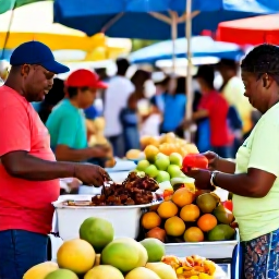Caribbean Holidays, October Holidays, Colourful Trinidad street food market with doubles, fresh fruit and local dishes, friendly vendors and visitors in October