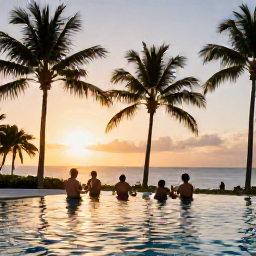 Caribbean Holidays, October Holidays, Comfortable all-inclusive resort pool in Trinidad and Tobago at sunset, guests enjoying drinks, palm trees and warm October light