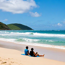 Caribbean Holidays, October Holidays, Couple relaxing on a sandy Tobago beach in October, gentle waves, green hills and a bright tropical sky