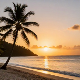 Caribbean Holidays, October Holidays, Golden sunset over a quiet beach in Saint Vincent and the Grenadines, with palm silhouettes and calm sea
