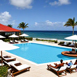 Caribbean Holidays, October Holidays, Guests relaxing beside an all-inclusive resort pool overlooking the Caribbean Sea in Sint Maarten, with sun loungers and palm trees