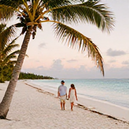 Caribbean Holidays, October Holidays, Happy couple walking along a quiet white-sand beach in Turks and Caicos beneath palm trees, warm October light and calm turquoise sea