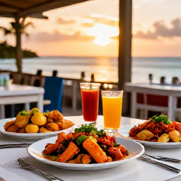 Caribbean Holidays, October Holidays, Outdoor table serving fresh Caribbean seafood and colourful local dishes at a relaxed Turks and Caicos restaurant at sunset