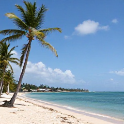 Caribbean Holidays, October Holidays, Quiet Tobago coastline in October with palm trees, calm turquoise water and a small fishing village in the distance