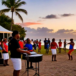Caribbean Holidays, October Holidays, Traditional Caribbean music performance in Trinidad at sunset with steelpan players, dancers and an enthusiastic audience