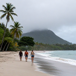 Caribbean Holidays, October Holidays, Travellers walking along a quiet tropical beach in Saint Vincent and the Grenadines after a light rain shower