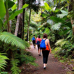 Caribbean Holidays, October Holidays, Tropical Tobago rainforest trail with lush foliage, birdlife and a small waterfall, guided visitors exploring in October