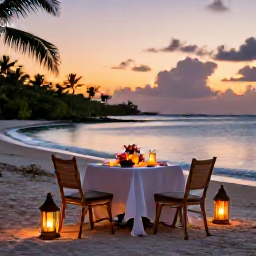 Caribbean Holidays, October Honeymoons, A candlelit table for two on an Antigua beach at sunset, tropical flowers, lanterns and the sea in the background