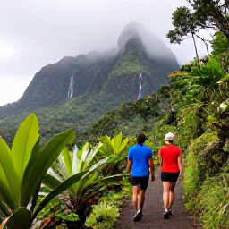 Caribbean Holidays, October Honeymoons, A couple exploring a green Martinique rainforest trail near Mount Pel&eacute;e, with tropical plants, waterfalls and misty mountain scenery