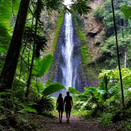 Caribbean Holidays, October Honeymoons, A couple walking through lush tropical rainforest on Saint Vincent towards a cascading waterfall, October greenery and soft sunlight