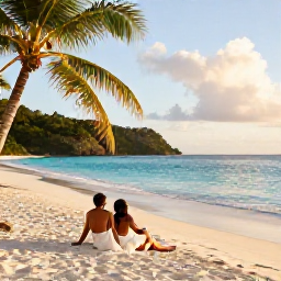Caribbean Holidays, October Honeymoons, A newlywed couple relaxing on a quiet white-sand beach in Saint Vincent and the Grenadines, turquoise sea, palm trees and warm October light