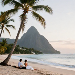 Caribbean Holidays, October Honeymoons, A newlywed couple relaxing together on a quiet palm-fringed beach in Saint Lucia during warm October weather