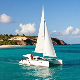 Caribbean Holidays, October Honeymoons, A newlywed couple sailing on a small catamaran off Antigua, clear turquoise water, rugged coastline and bright afternoon sunshine
