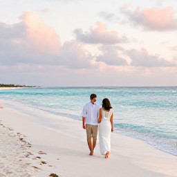 Caribbean Holidays, October Honeymoons, A newlywed couple walking barefoot along a quiet white-sand beach in Turks and Caicos at sunset, turquoise sea and soft October light