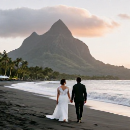 Caribbean Holidays, October Honeymoons, A newlywed couple walking hand in hand along a quiet black volcanic sand beach in Montserrat at sunset, Caribbean scenery
