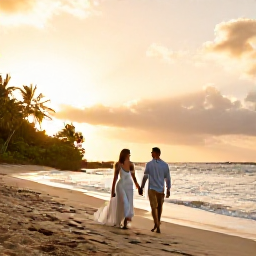 Caribbean Holidays, October Honeymoons, A newlywed couple walking hand in hand along a quiet Jamaican beach at sunset in October