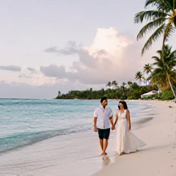 Caribbean Holidays, October Honeymoons, A newlywed couple walking hand in hand along a quiet Martinique beach in October, with turquoise water, palm trees and soft morning light