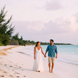 Caribbean Holidays, October Honeymoons, A newlywed couple walking hand in hand along a quiet pink-sand beach in Bermuda during a warm October afternoon