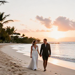 Caribbean Holidays, October Honeymoons, A newlywed couple walking hand in hand along a quiet sandy beach in Saint Barth&eacute;lemy at sunset