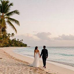 Caribbean Holidays, October Honeymoons, A newlywed couple walking hand in hand along a quiet sandy beach in Tobago at sunset, calm turquoise sea and palm trees