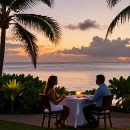 Caribbean Holidays, October Honeymoons, A romantic beachfront restaurant in Martinique at sunset, with a candlelit table for two, tropical foliage and calm sea views