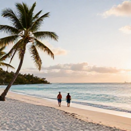 Caribbean Holidays, October Honeymoons, A secluded white-sand beach in Antigua at golden hour, calm turquoise sea, palm trees and a couple walking beside the water