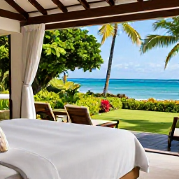 Caribbean Holidays, October Honeymoons, A stylish honeymoon suite in Martinique with an open terrace, tropical garden, white linen and a view towards the Caribbean Sea