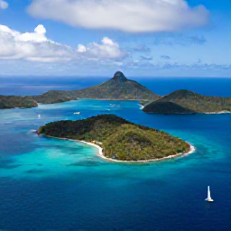 Caribbean Holidays, October Honeymoons, Aerial view of Saint Vincent and the Grenadines with lush islands, bright blue sea and scattered sailing boats under a partly cloudy October sky