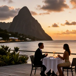 Caribbean Holidays, October Honeymoons, Candlelit dinner for two on a stylish terrace overlooking the Caribbean Sea at sunset in Saint Lucia