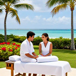 Caribbean Holidays, October Honeymoons, Couple enjoying a peaceful luxury resort in Turks and Caicos, spa treatment setting, tropical gardens and bright island scenery