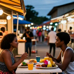 Caribbean Holidays, October Honeymoons, Couple enjoying colourful food and live music in a lively Trinidad street market during the evening