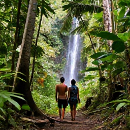 Caribbean Holidays, October Honeymoons, Couple exploring a lush rainforest trail in Tobago, tropical foliage, birds and a small waterfall in the background