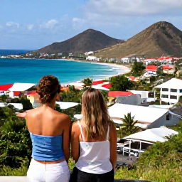Caribbean Holidays, October Honeymoons, Couple exploring a scenic coastal viewpoint and colourful streets in Saint Martin and Sint Maarten, tropical hills and Caribbean sea
