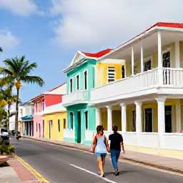 Caribbean Holidays, October Honeymoons, Couple exploring colourful Nassau streets with pastel buildings, palms and historic Bahamian architecture