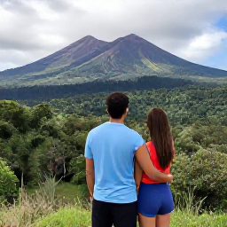 Caribbean Holidays, October Honeymoons, Couple exploring the volcanic landscape of Montserrat with Soufriere Hills volcano and green rainforest in the background