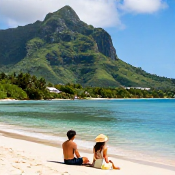Caribbean Holidays, October Honeymoons, Couple relaxing beside a tranquil Caribbean cove in Montserrat, with lush green hills and calm turquoise water