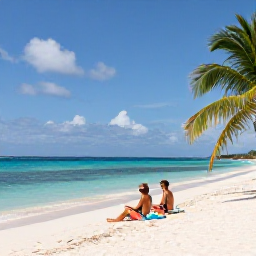Caribbean Holidays, October Honeymoons, Couple relaxing on a quiet white-sand beach in Grand Cayman, palm trees and clear blue Caribbean water