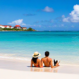 Caribbean Holidays, October Honeymoons, Couple relaxing on a secluded beach beside clear turquoise water in Saint Barth&eacute;lemy