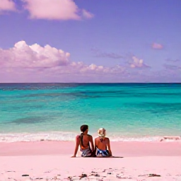 Caribbean Holidays, October Honeymoons, Couple relaxing together on a pink-sand beach beside clear turquoise water in Bermuda, with pastel skies and gentle October sunshine