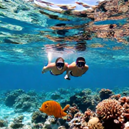 Caribbean Holidays, October Honeymoons, Couple snorkelling above a colourful coral reef near Turks and Caicos, clear warm water, tropical fish and bright October sunlight