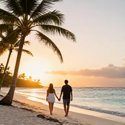 Caribbean Holidays, October Honeymoons, Couple walking hand in hand along a quiet Caribbean beach at sunset in October, warm light, palm trees and calm turquoise water