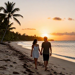 Caribbean Holidays, October Honeymoons, Couple walking hand in hand along a quiet Dominican Republic beach at sunset in October
